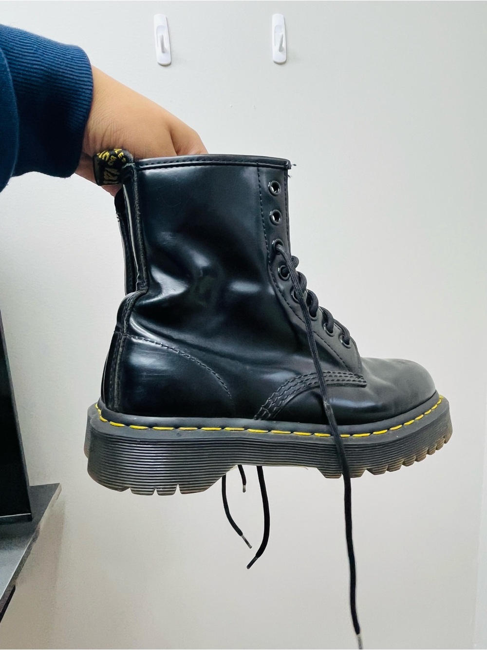 Dr. Martens Black Leather Combat Boot with Yellow Stitching